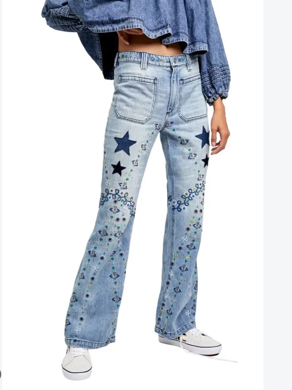 Free People We the Free Delphine Embroidered Blue Jeans Size 32